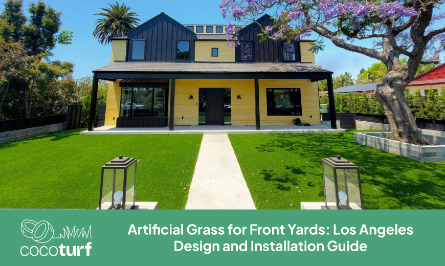 Front yard artificial grass on both sides of a concrete walkway leading to a yellow two-story home