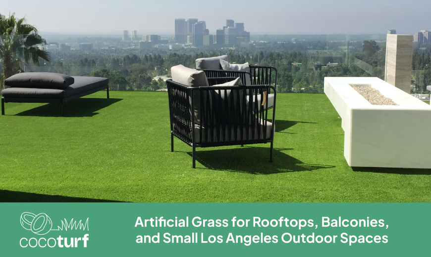 Rooftop artificial grass with lounge chairs and a fire pit overlooking the Los Angeles skyline