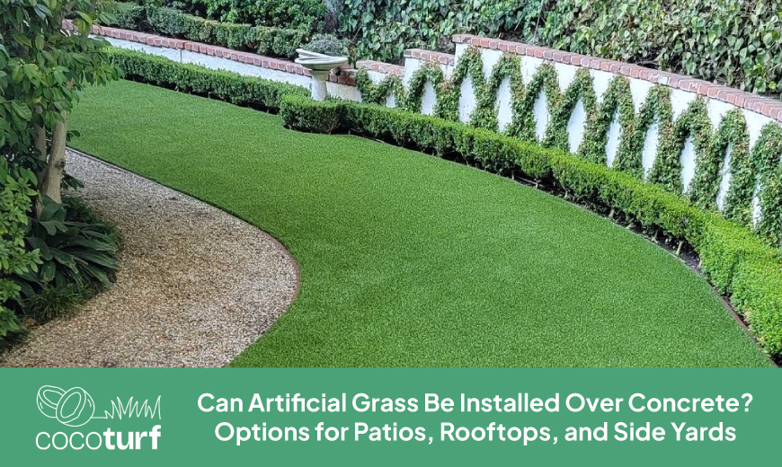Curved artificial grass lawn bordered by a gravel path and trimmed hedges