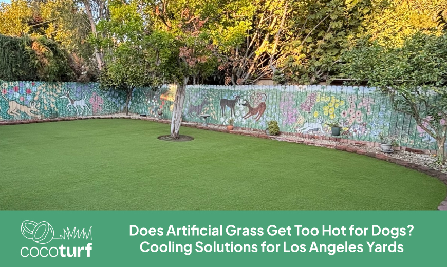 Backyard artificial grass for dogs beside a shade tree and a fence painted with an animal mural