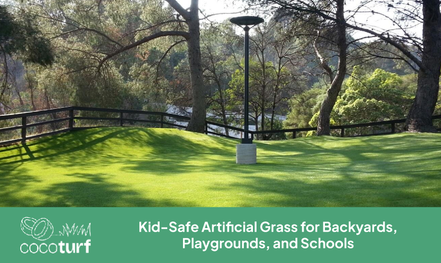 Kid-safe artificial grass covering a fenced, tree-shaded yard with a lamp post